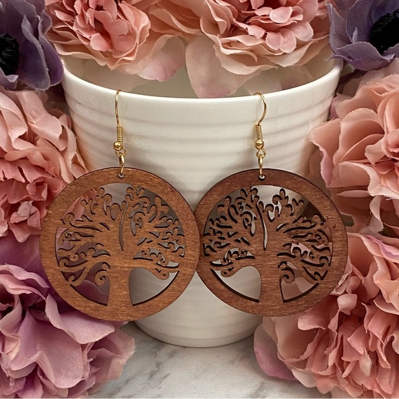 Boho Hand Carved Round Wood Tree of Life Earrings - Picture 2 of 8